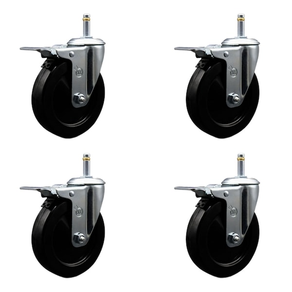 5'' Hard Rubber Swivel 7/16'' Grip Ring Stem Caster Set Total Lock Brake, 4PK